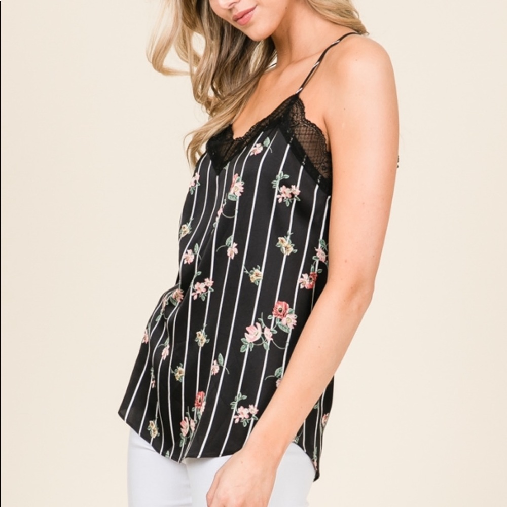 FLORAL LACE CAMI - BLACK PINSTRIPE FLORAL - Picture 6 of 7